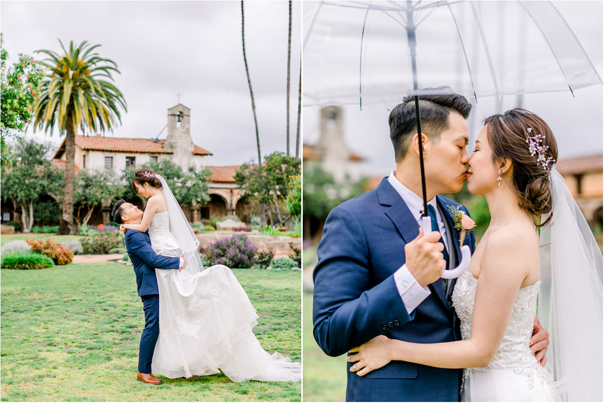 wedding couple on rainy day kissing under clear umbrella