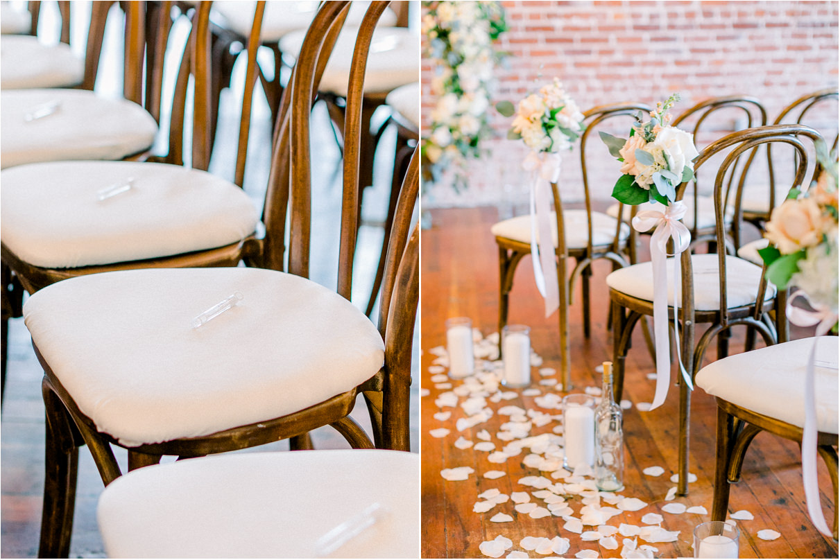 wedding ceremony chairs adorned with roses and candles