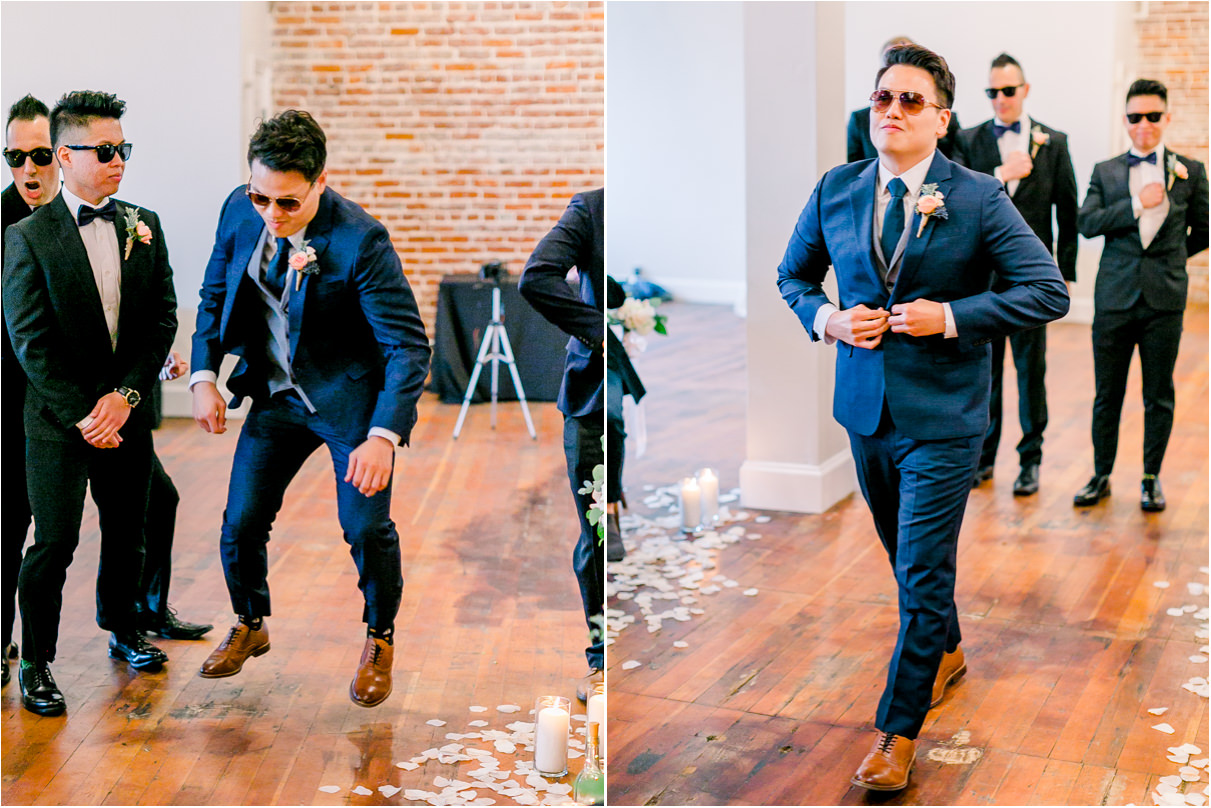 wedding ceremony entrance with groom jumping in sunglasses