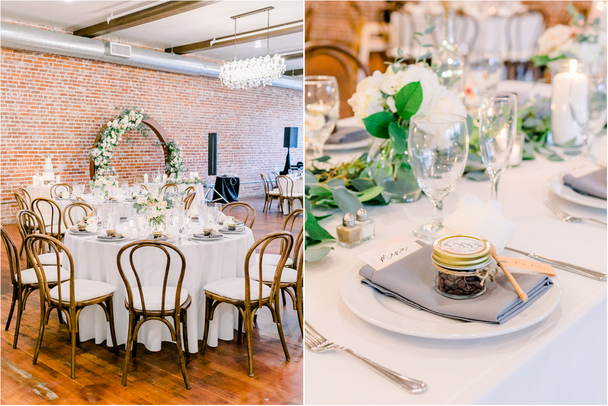 wedding reception table with guest gift on plate