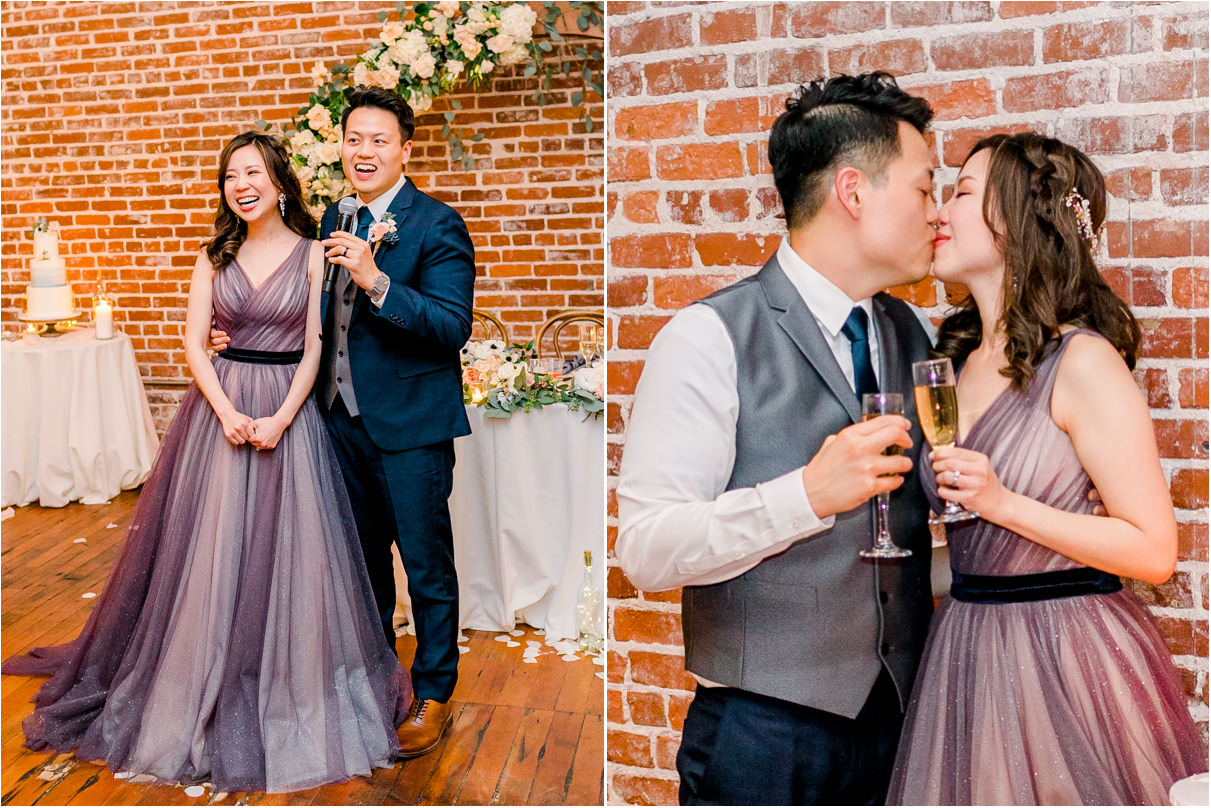 bride and groom giving thank you speech and kissing with champagne