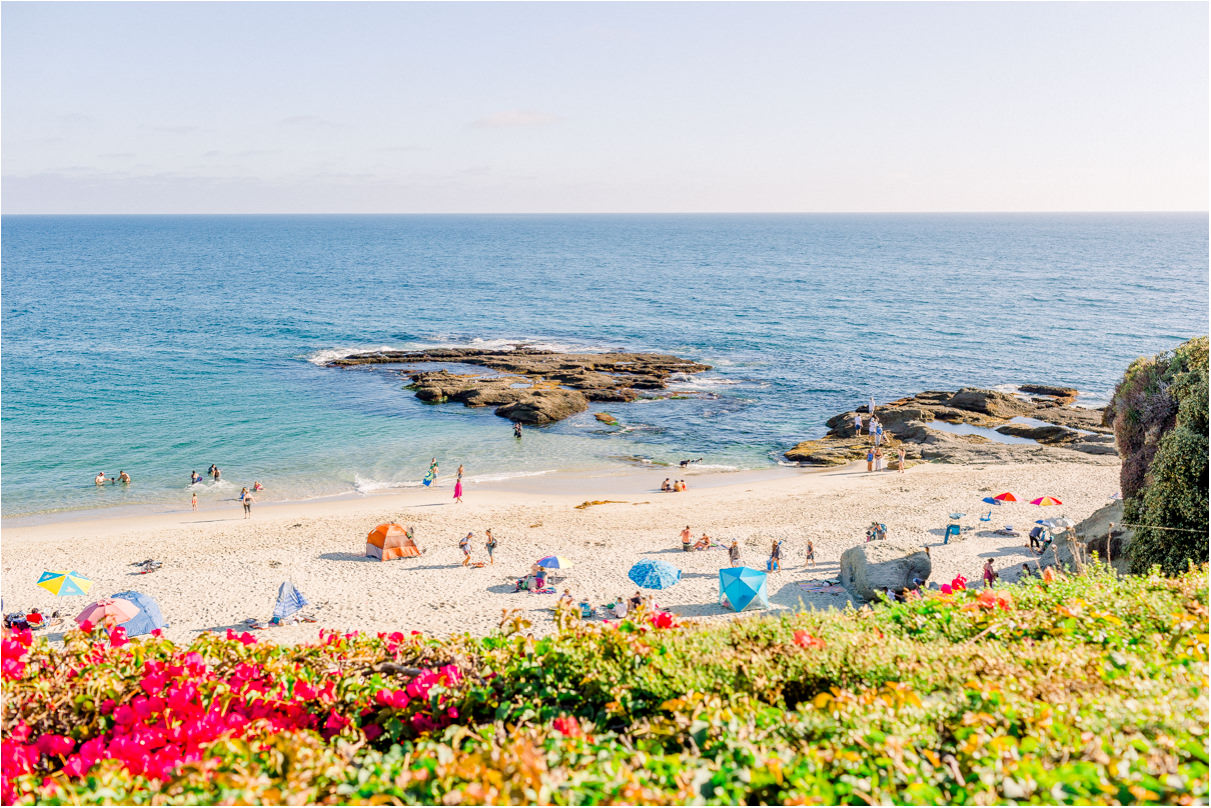 Landscape image of a beach with people on sand