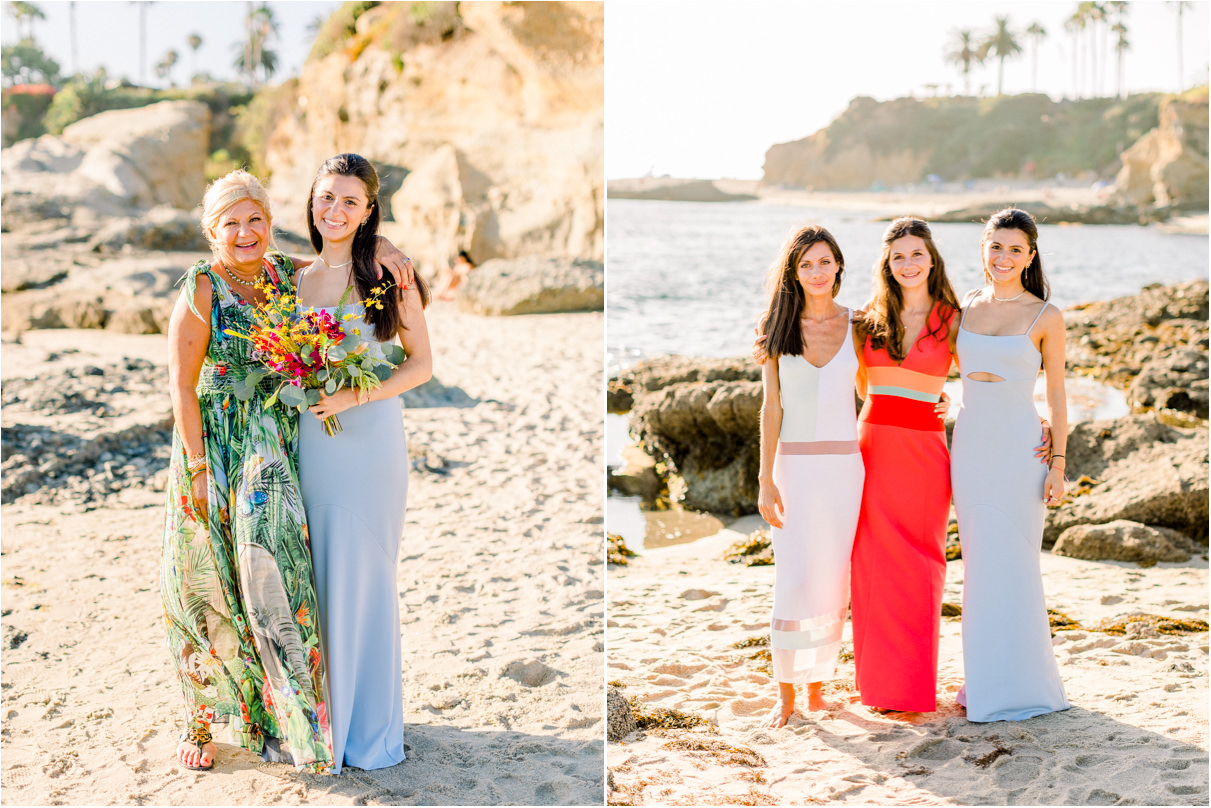 Bride with daughters at beach holding bouquet