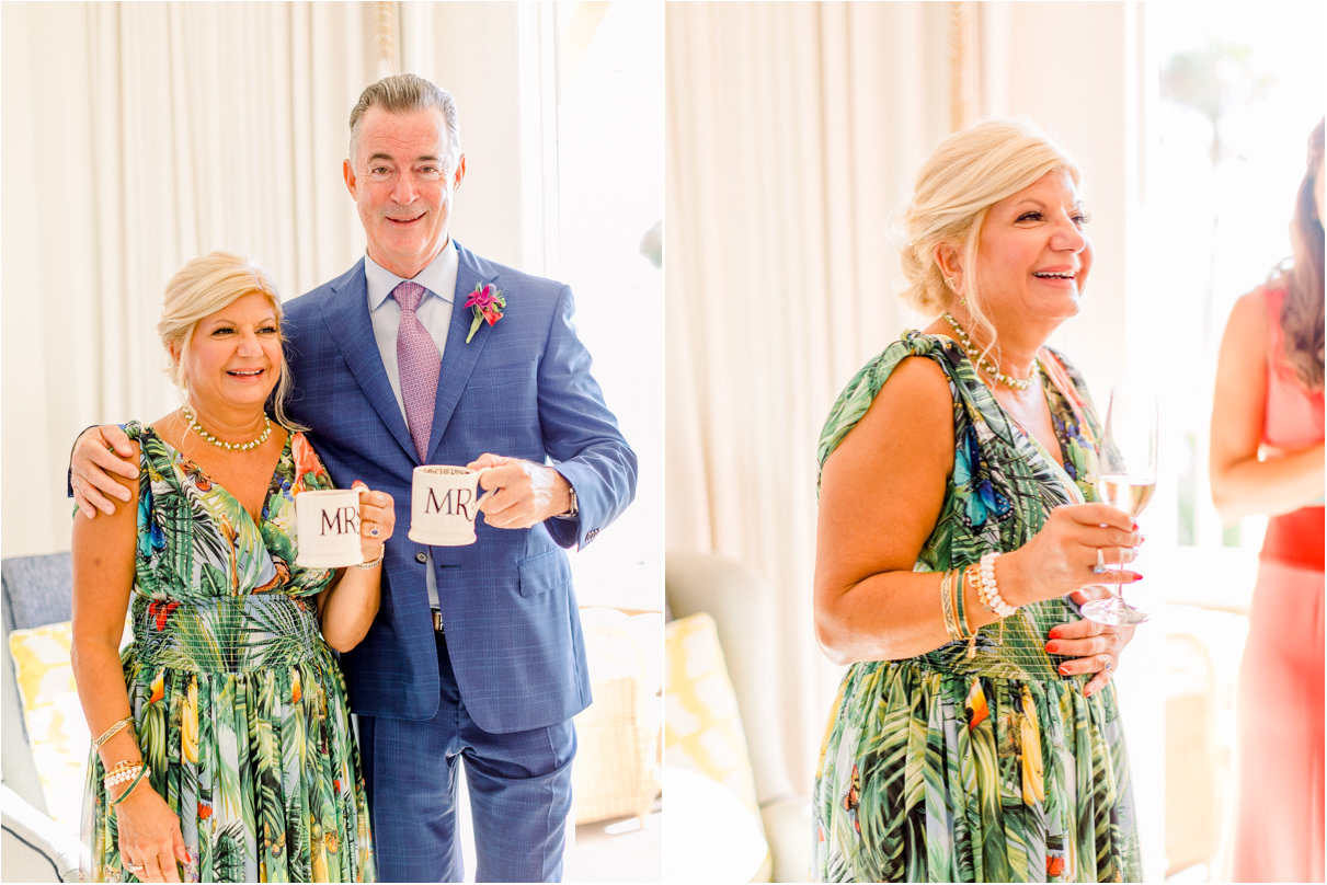 Couple holding Mr. and Mrs. mug gifts on wedding day