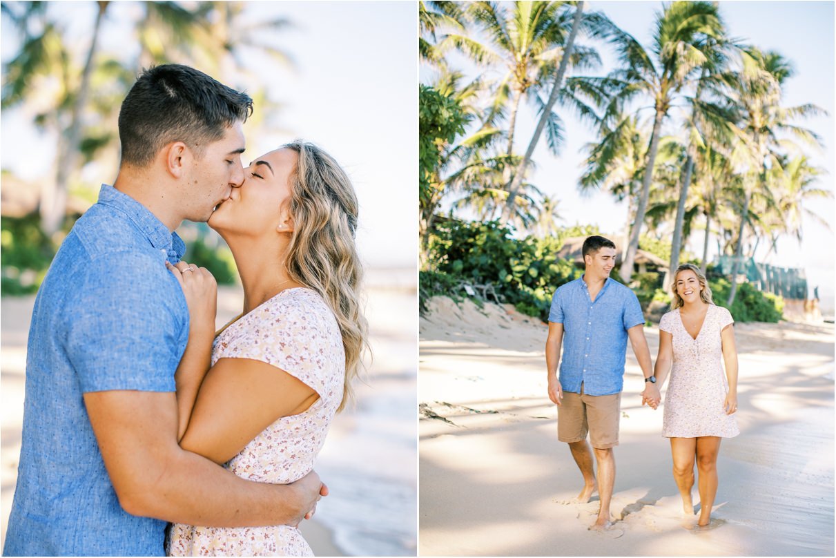 Couple kissing and walking on beach in Hawaii