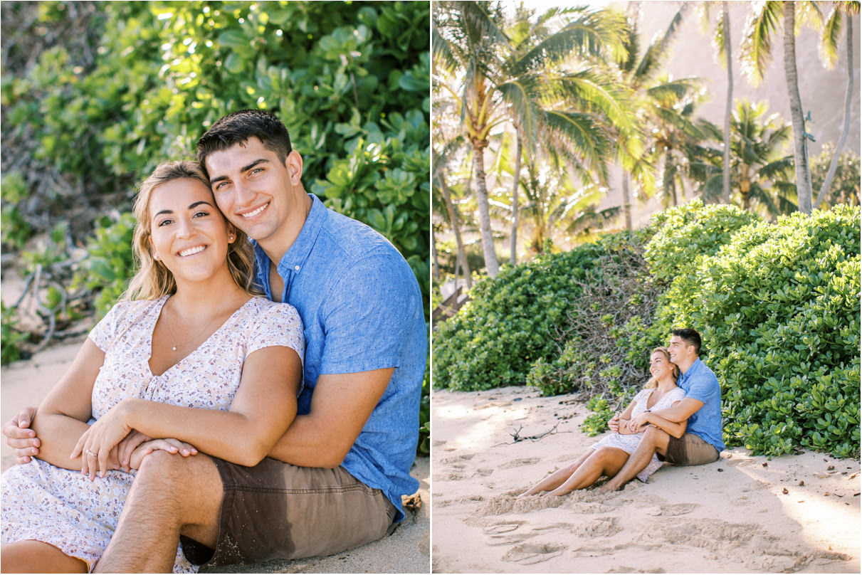 Couple sitting on a beach with tall palm trees behind them