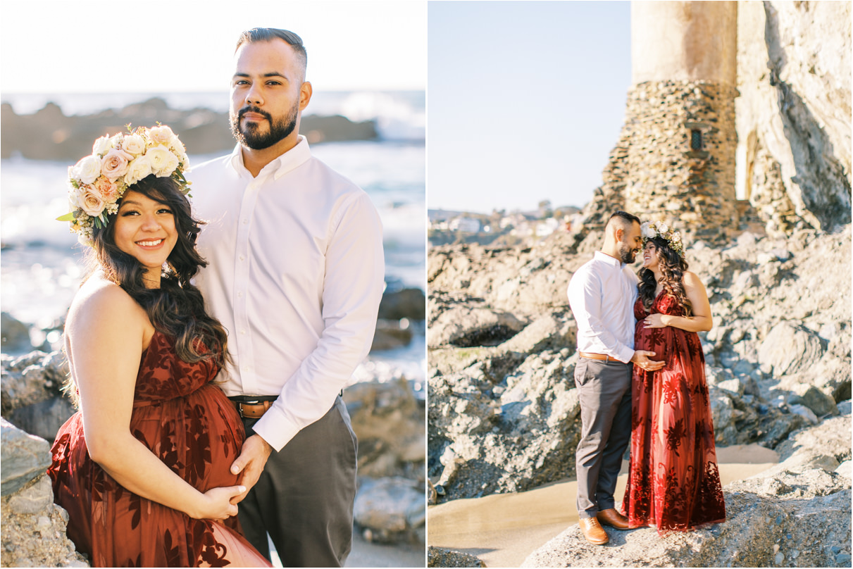 Pregnant woman wearing flower crown with husband at beach