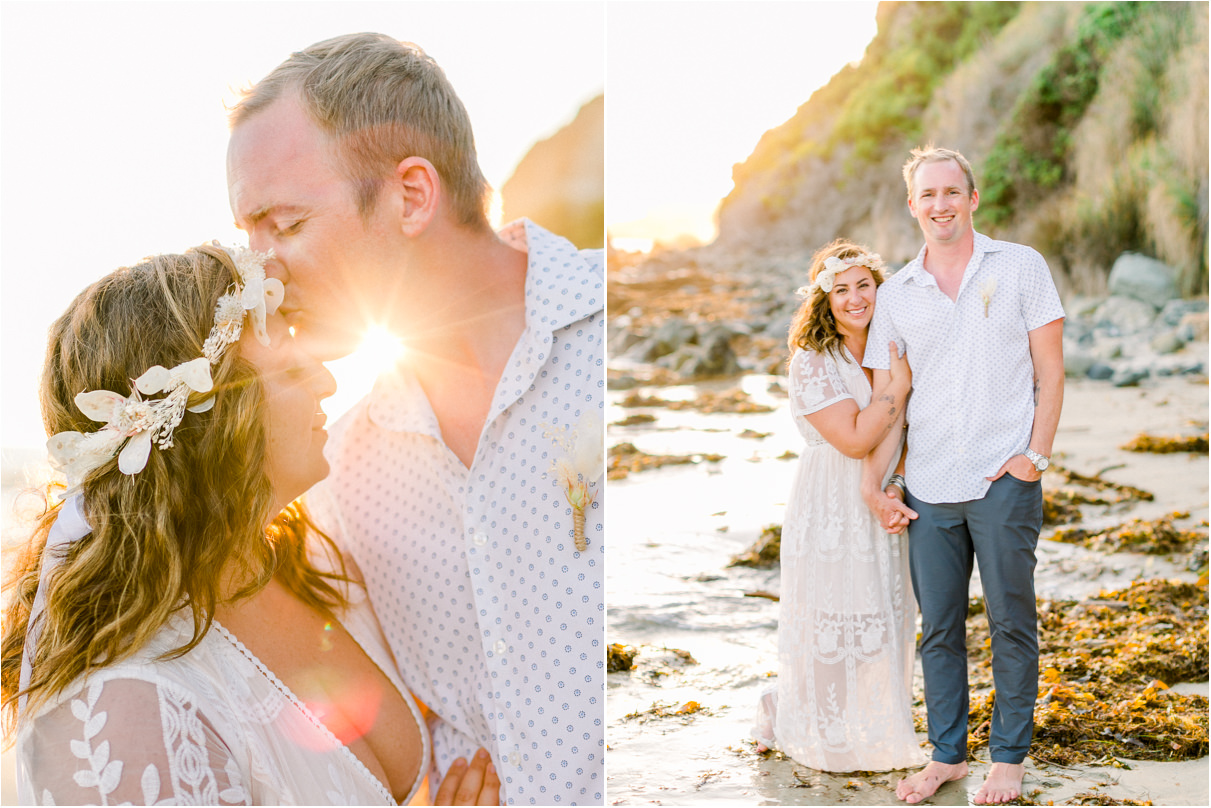 Bride and groom on beach at sunset wearing white