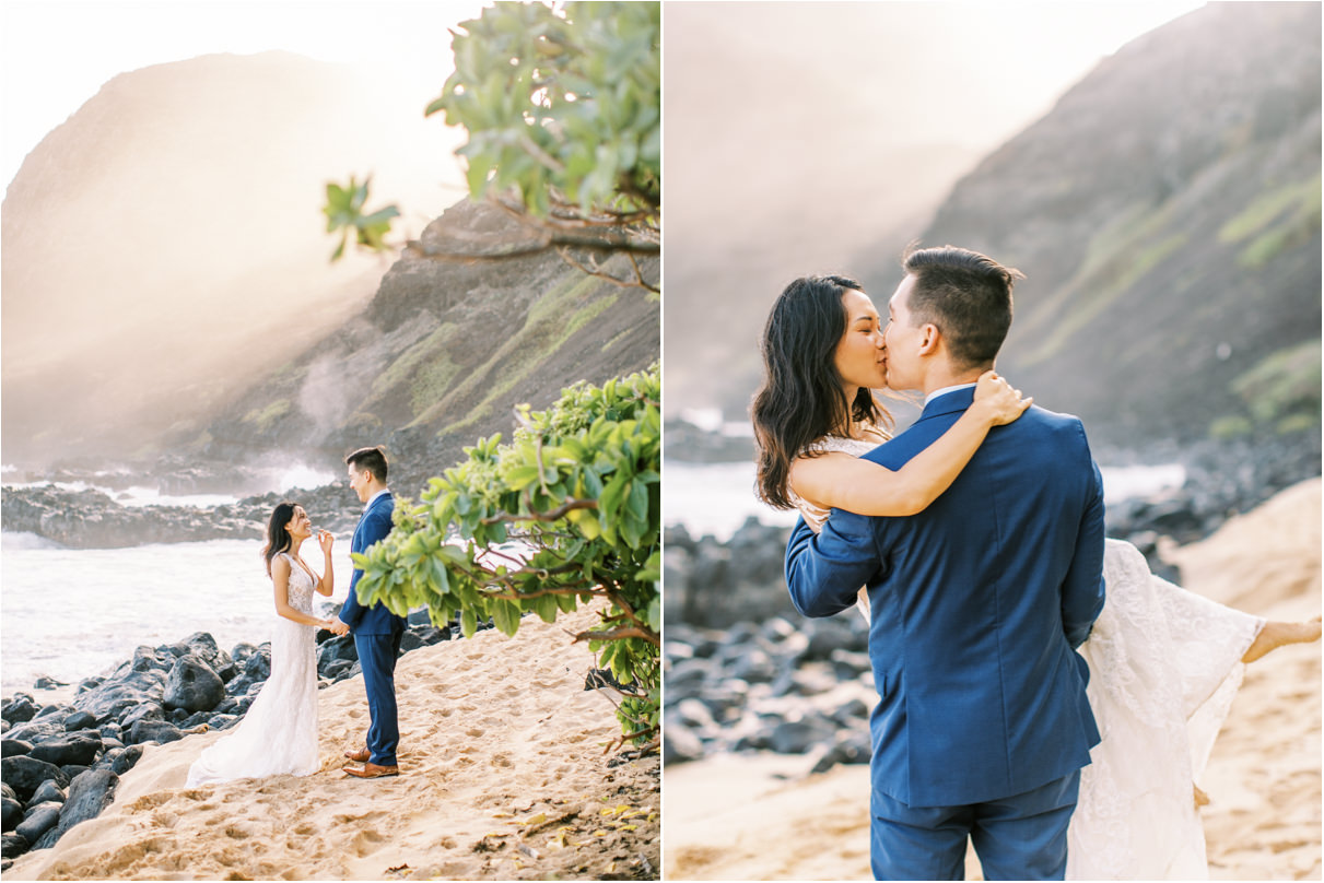 Bride and groom at sunrise in hawaii on beach kissing