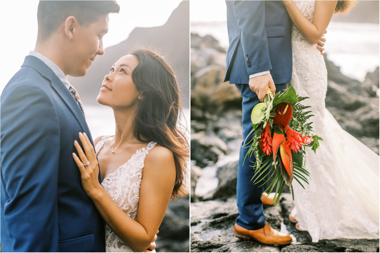 bride and groom looking into each others eyes at beach