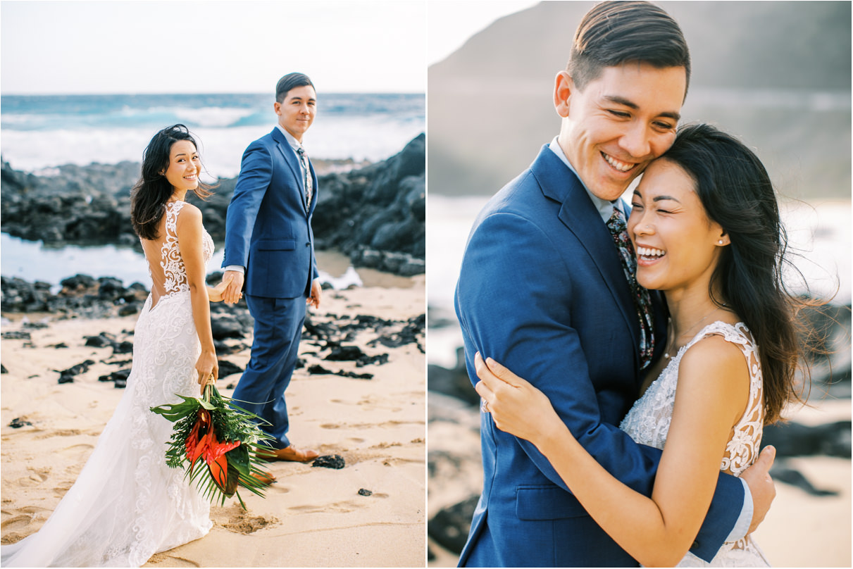 wedding couple with tropical bouquet walking on sand and holding each other laughing