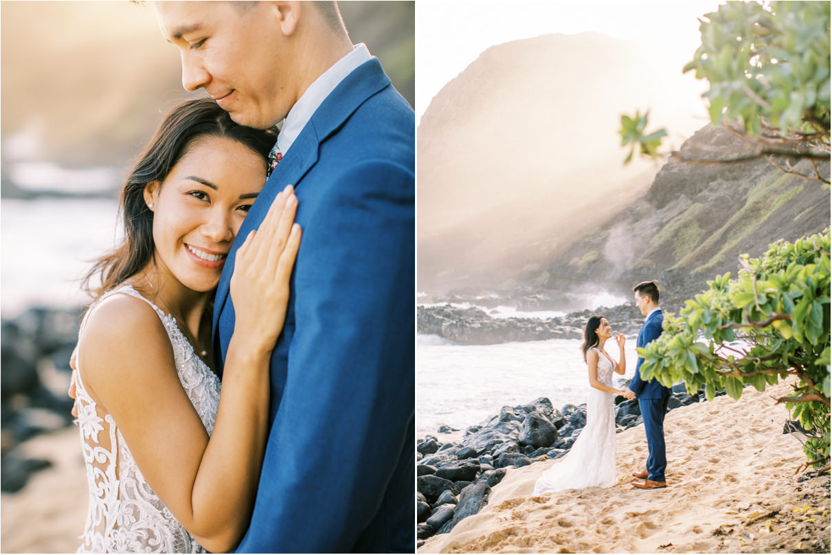 Wedding couple on beach with sun rays smiling at each other