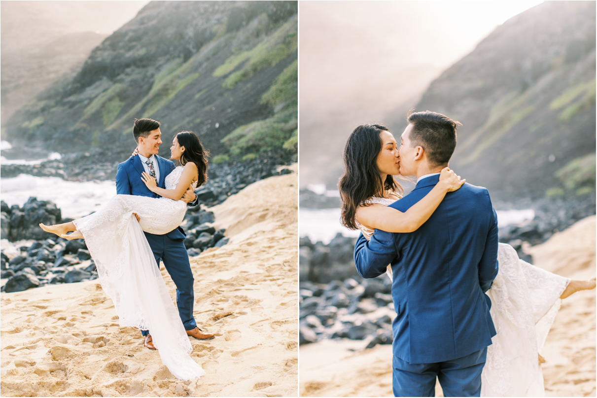 Wedding couple on beach with groom holding bride kissing on the sand