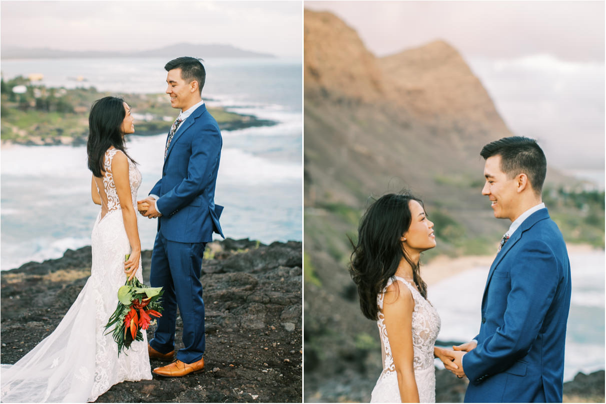 wedding couple saying vows to each other at beach lookout