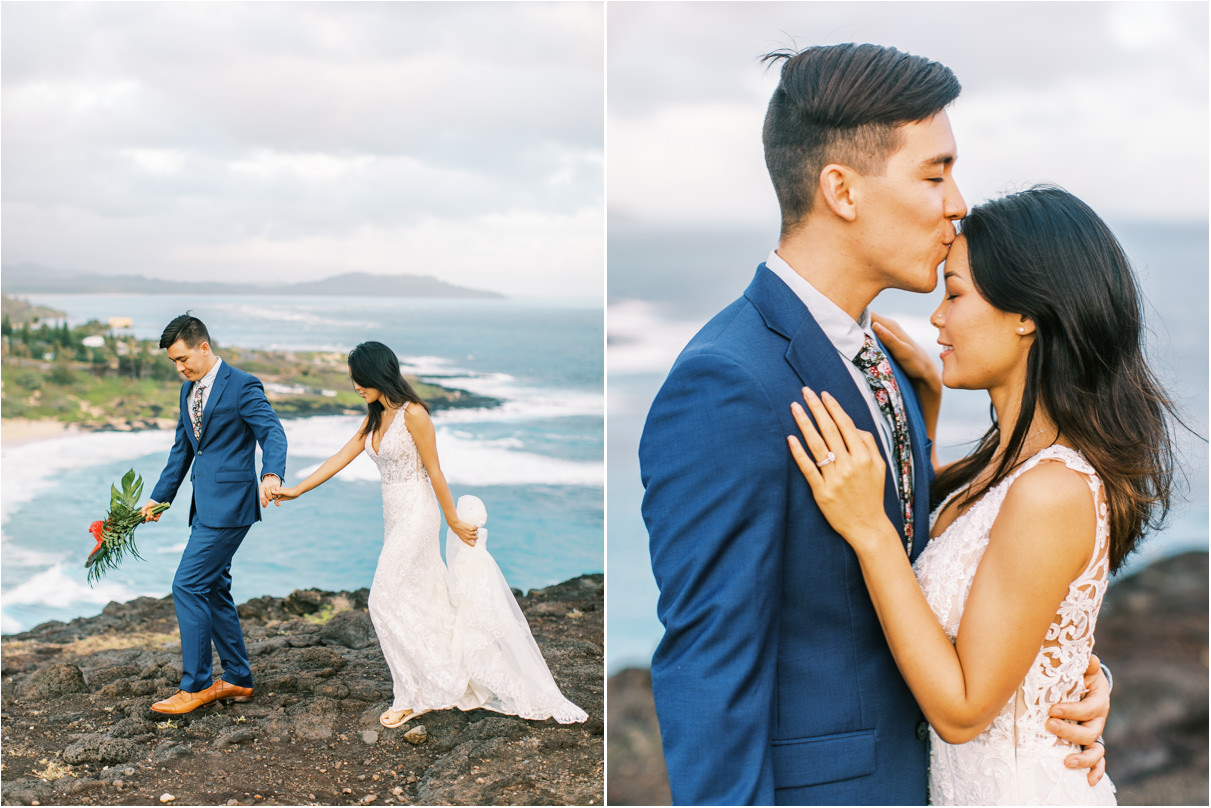 bride and groom walking along beach lookout and groom kissing brides forehead