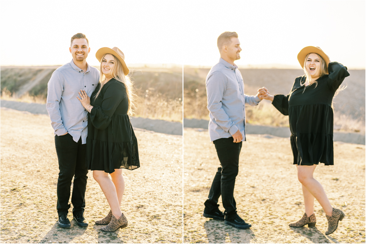 Couple smiling towards the camera and dancing