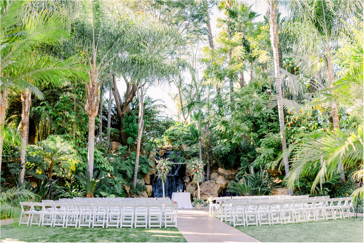 Wide landscape photo of Grand Tradition Estate and Gardens san diego wedding ceremony with chairs set up