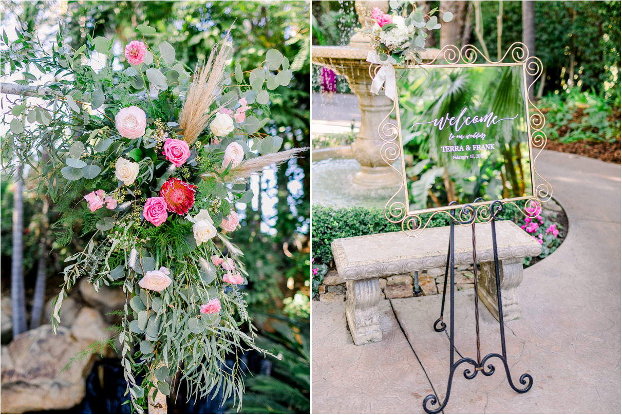 Detail photos of flowers on wedding arch and welcome glass sign for wedding reception