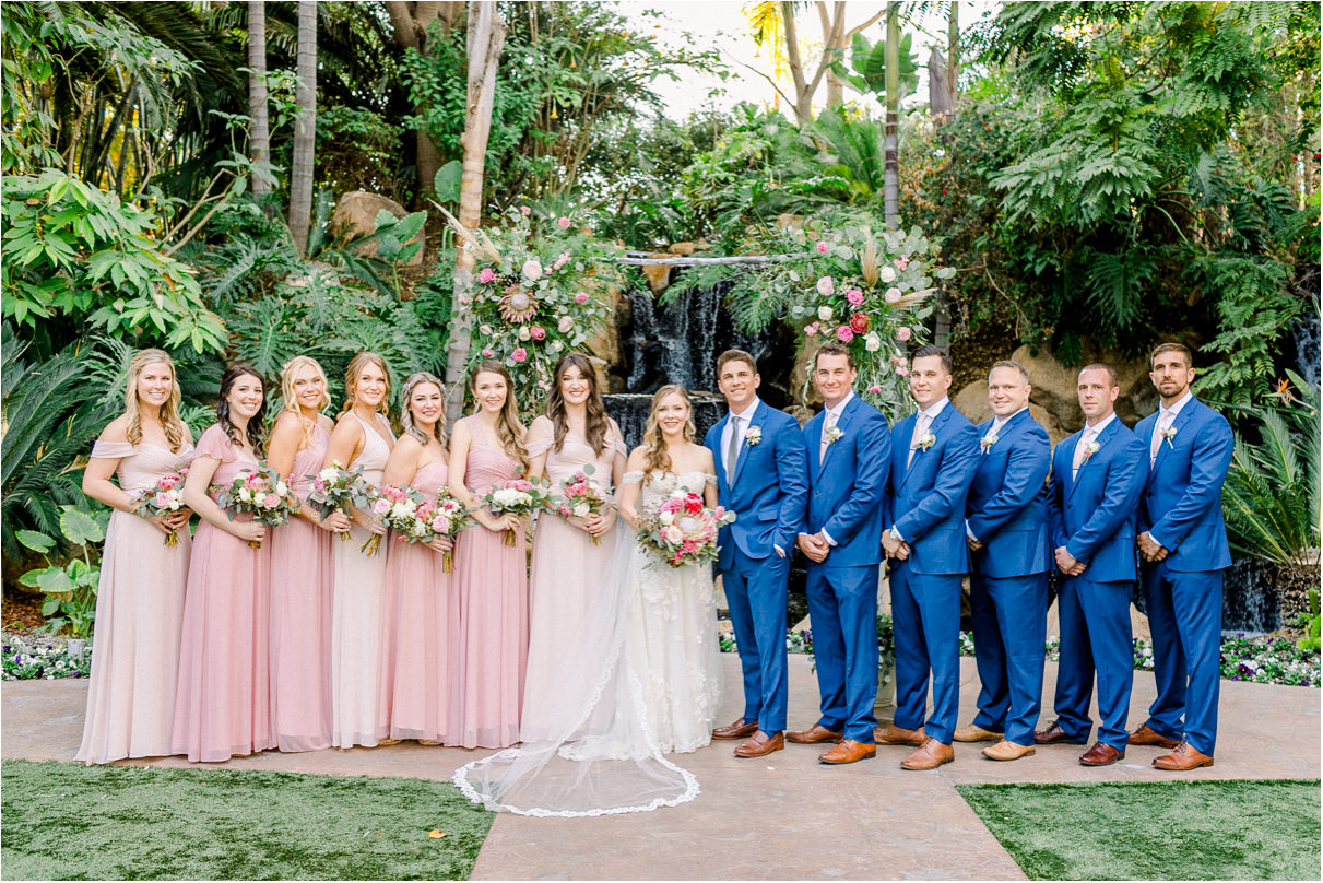 Full wedding party picture with bridesmaids, couple, and groomsmen.