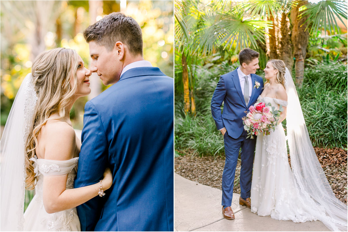 Bride and groom looking into each other eyes smiling in tropical wedding venue