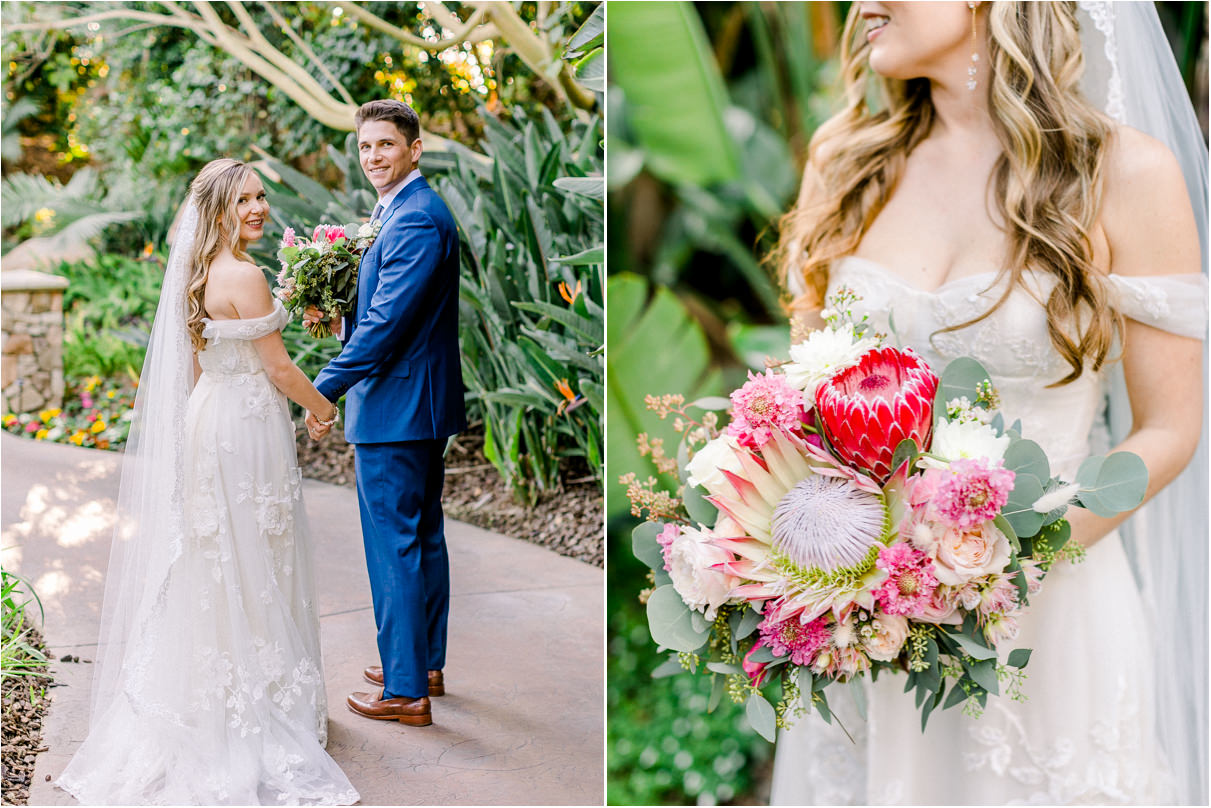 Wedding couple holding hands walking away from the camera smiling