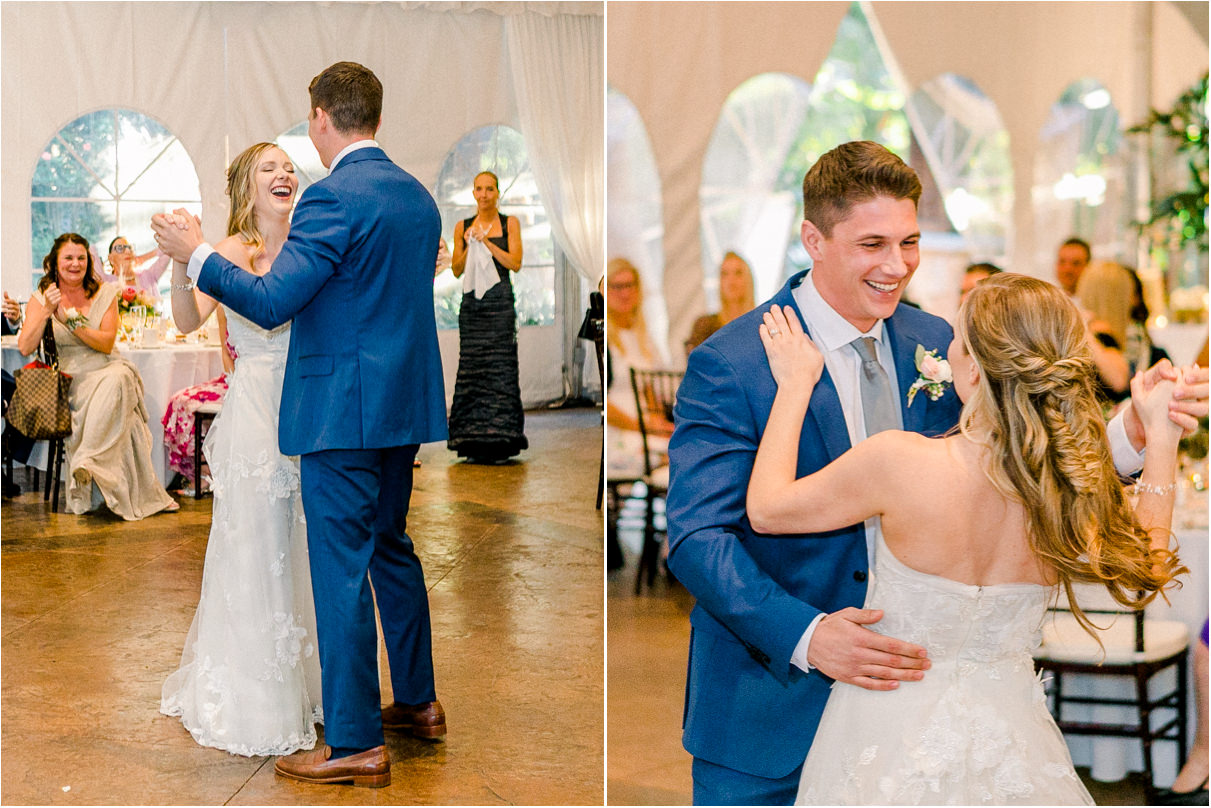 Wedding couple dancing their first dance laughing with each other