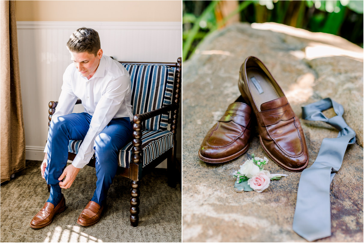 Groom sitting in chair putting on his shoes and a closeup of shoes on rock