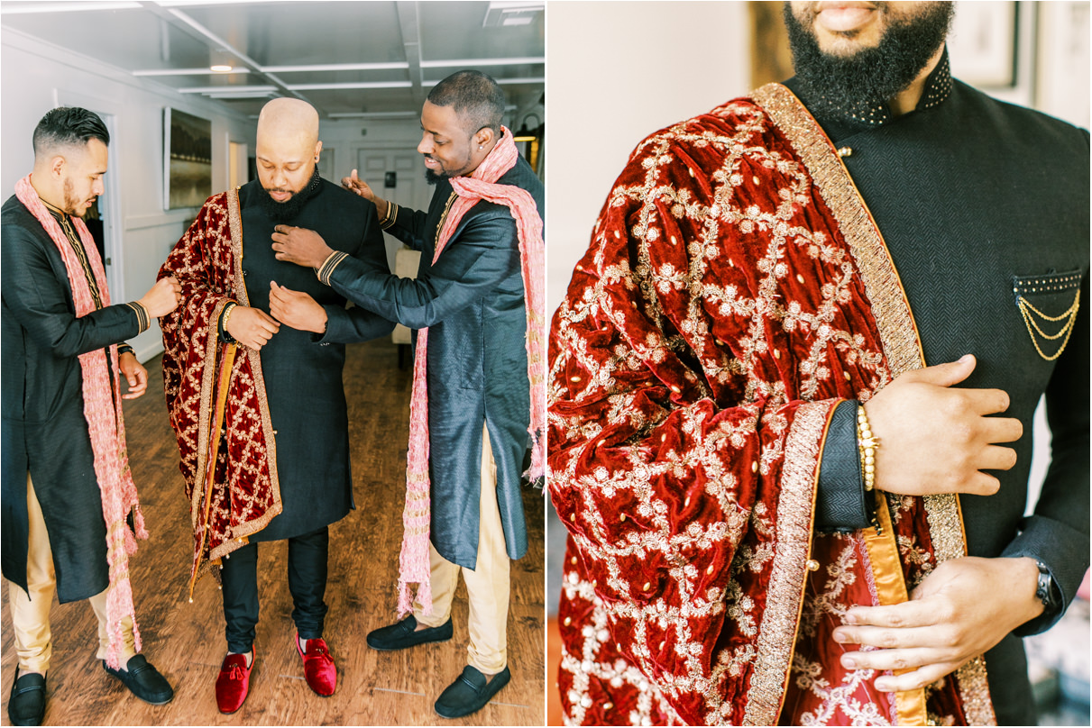 Groomsmen helping pin shawl and closeup of red and gold details