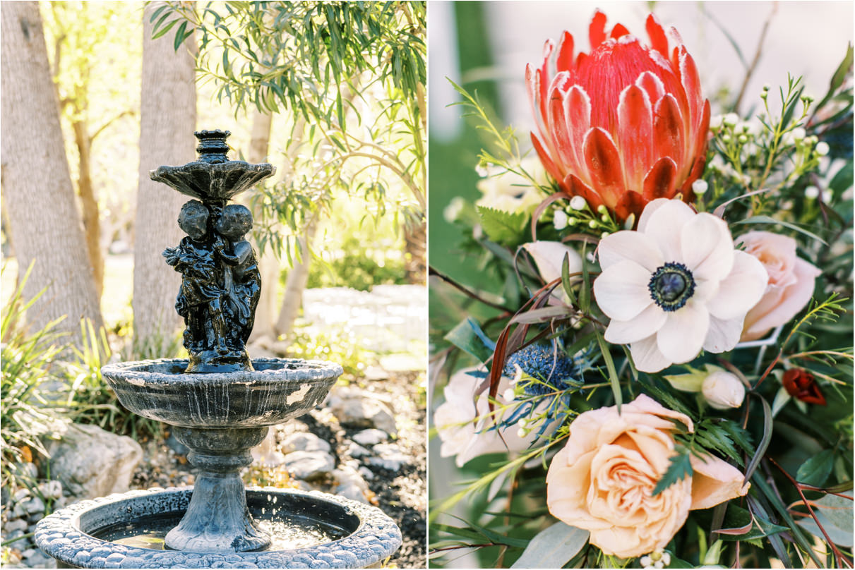Hidden acres wedding venue details with fountain and flowers