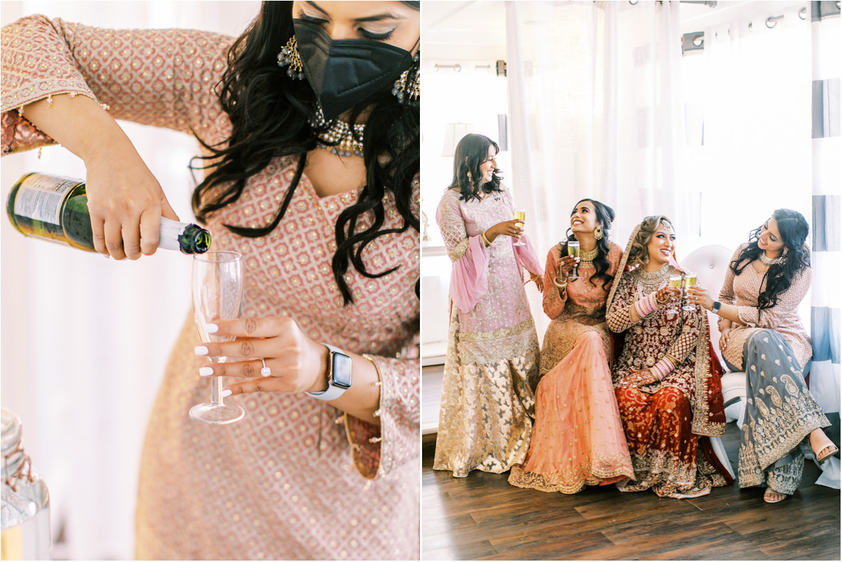 Pakistani bride with bridesmaids having sparkling apple cider in champagne glasses