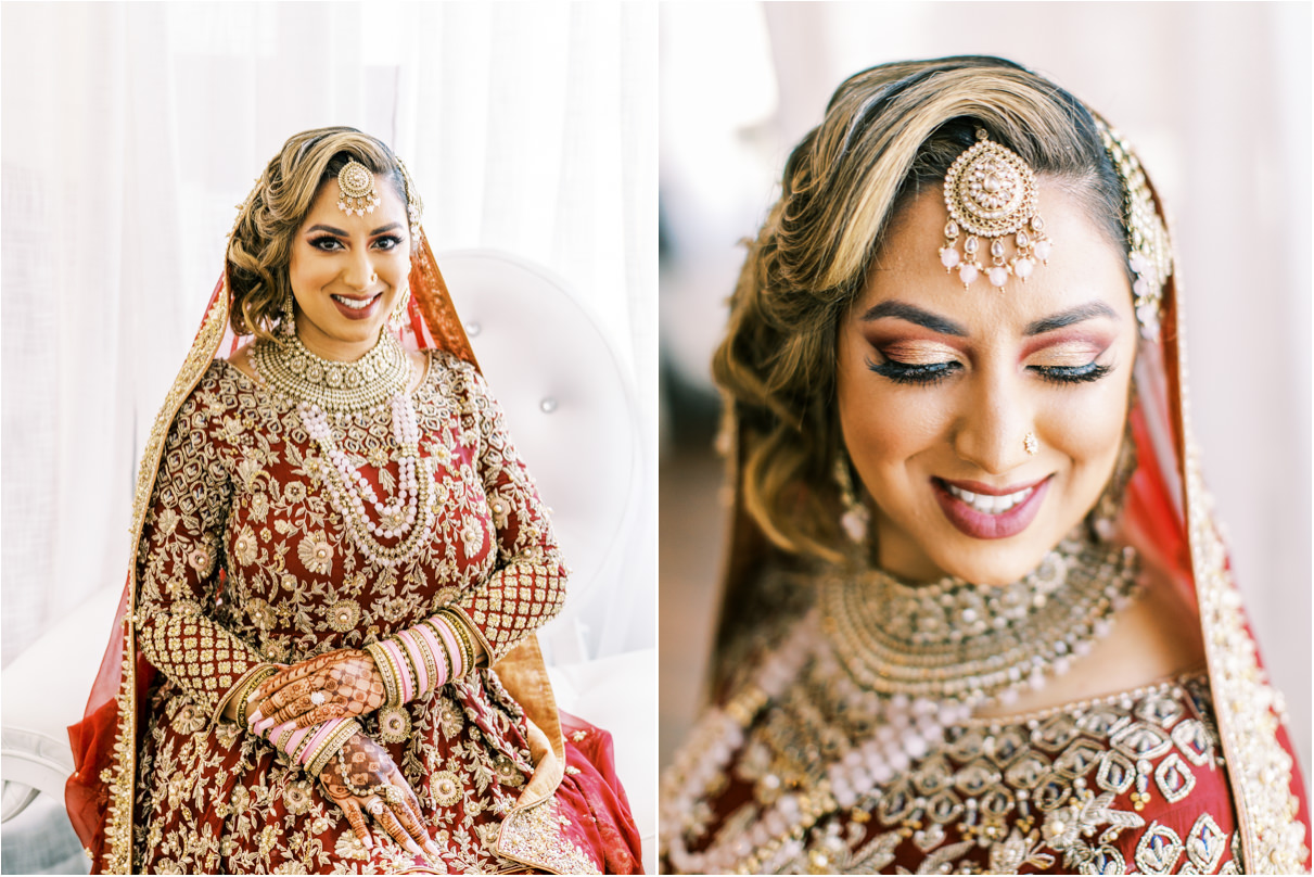 Portraits of Pakistani bride with red and gold details