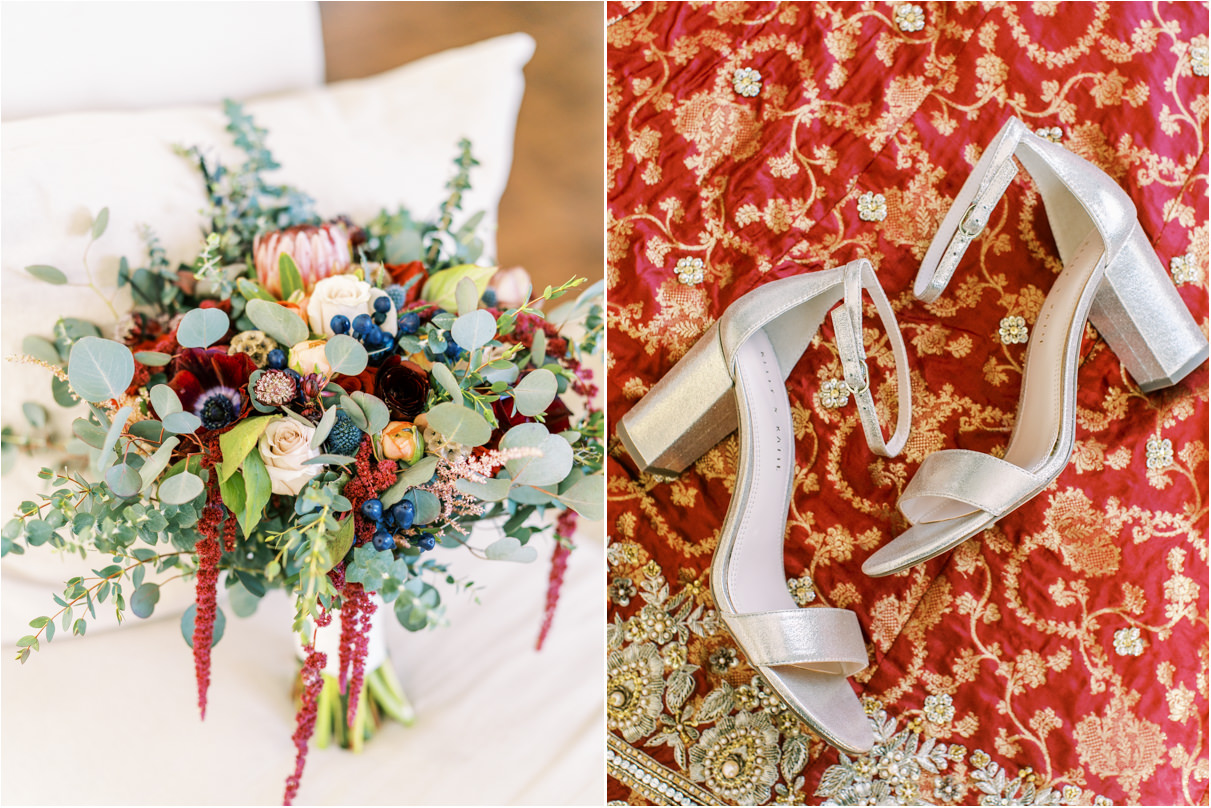 Wedding bouquet and brides gold shoes