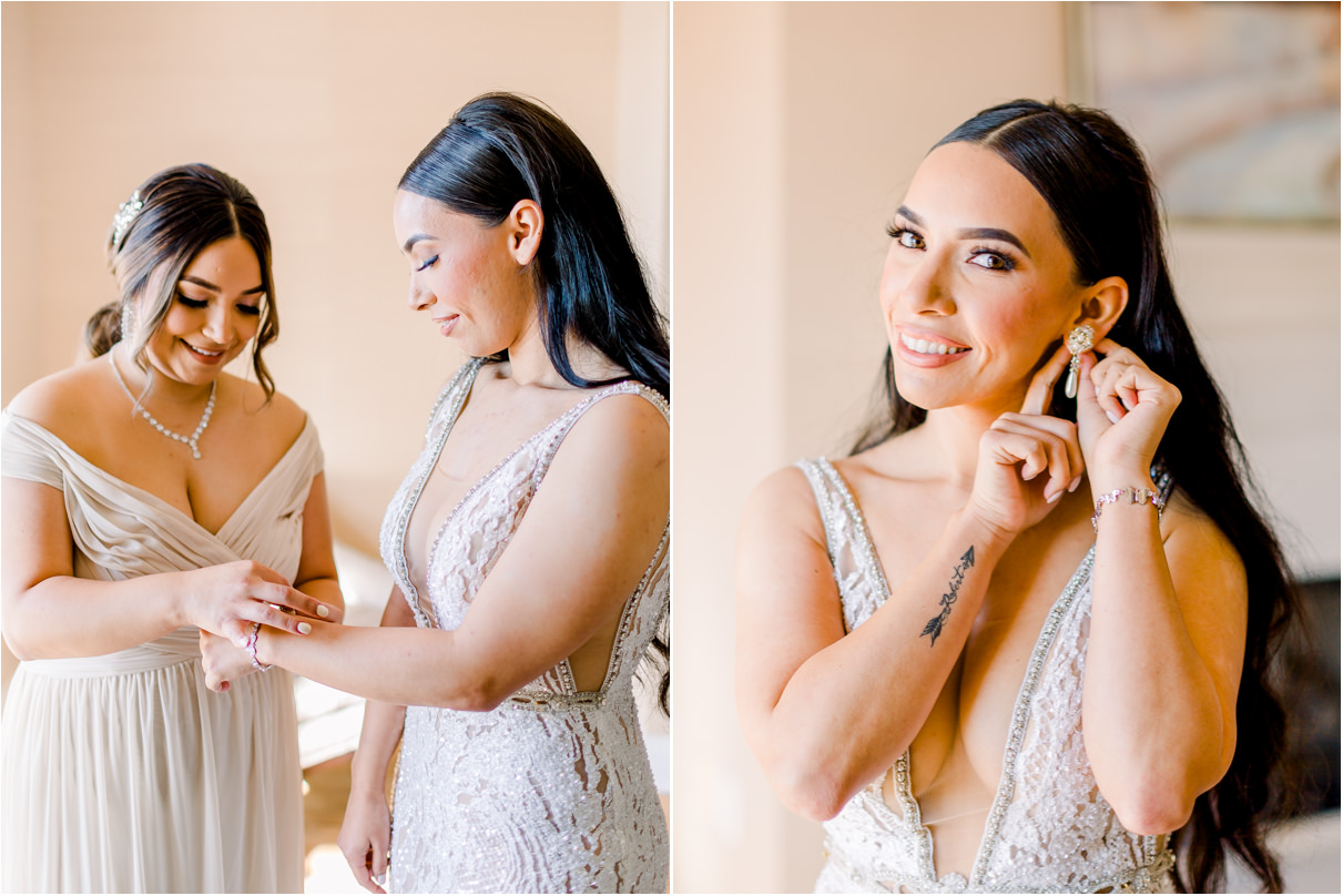 Bride putting on wedding day jewlery