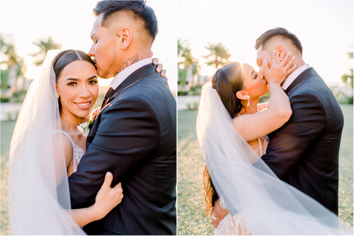 Wedding couple kissing at sunset at Monarch Beach Resort lawn