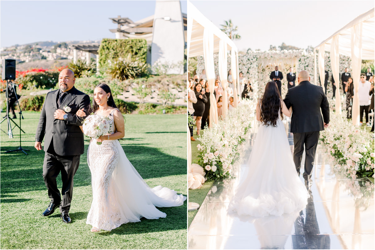 Bride with father walking down aisle during wedding ceremony