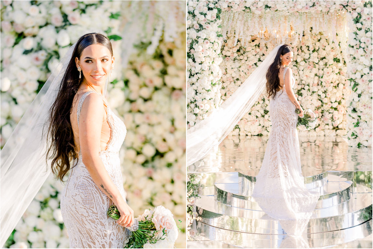 Bride on ceremony stage holding bouquet