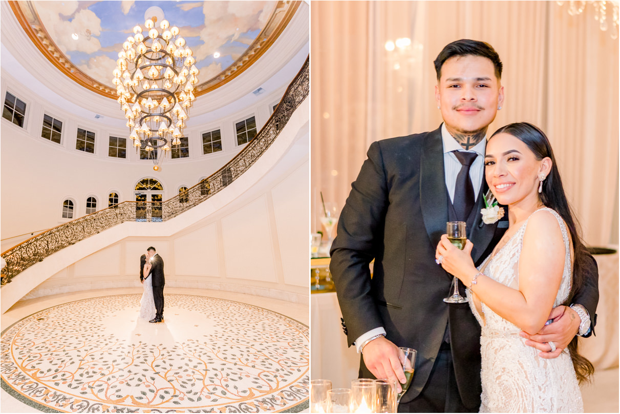 Bride and groom dancing under large chandelier at bottom of staircase