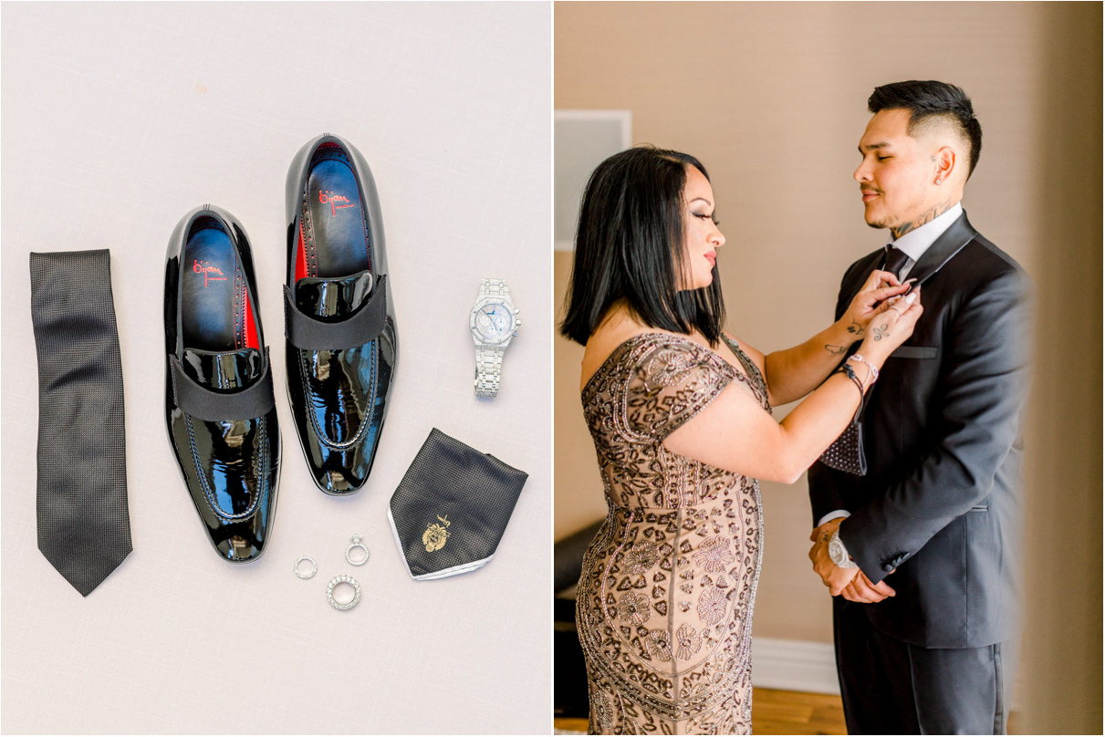 Detail shot of grooms shoes and jewelry with mom helping put on his boutonnière