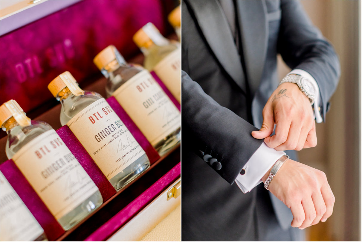 Groom adjusting his sleeves with tattoo on hand