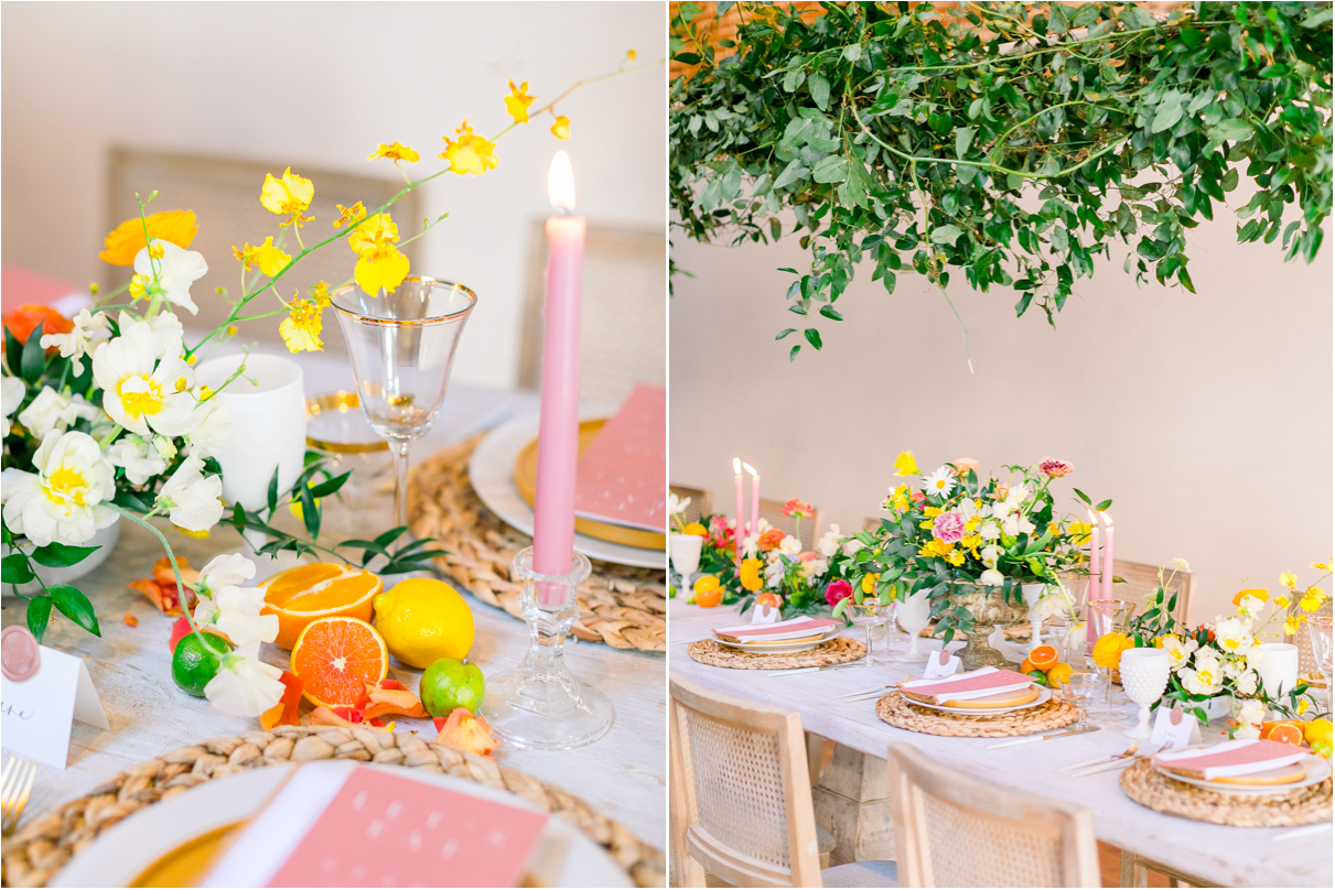 Pastel wedding reception with pink candles, menus, and fresh fruit
