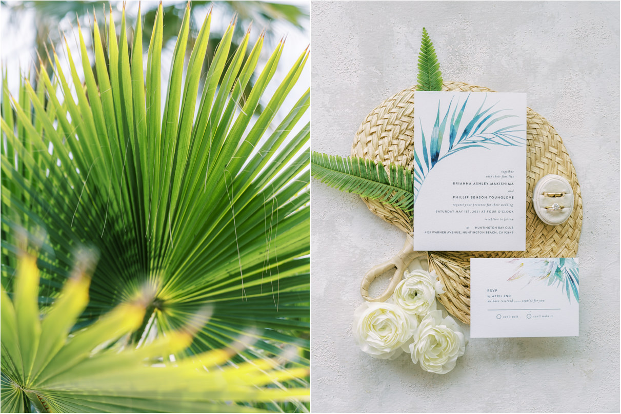 Tropical wedding invitation with ring and palm fronds