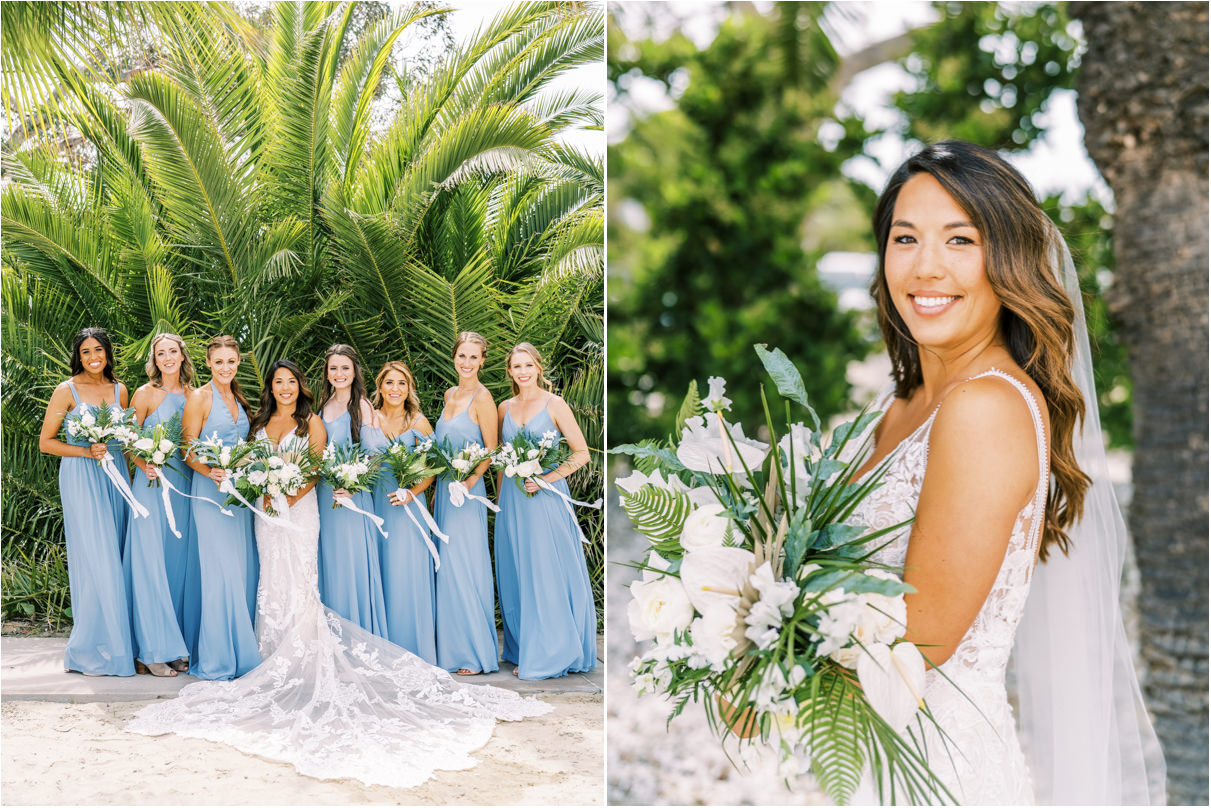 Bridesmaids and bride holding tropical bouquets