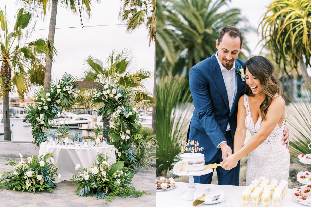 Couple cutting cake at wedding reception