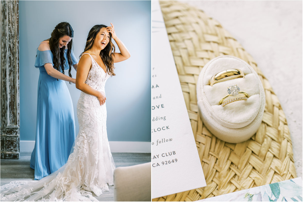 Bride getting ready at Huntington Bay Club and wedding rings