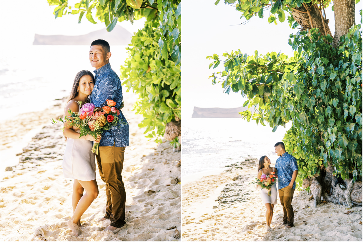 Couple smiling at camera during engagement session in hawaii