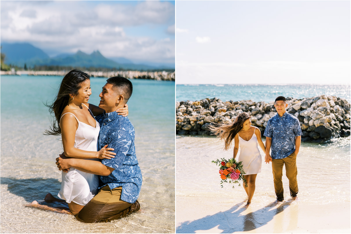 couple at beach for engagement photos in hawaii