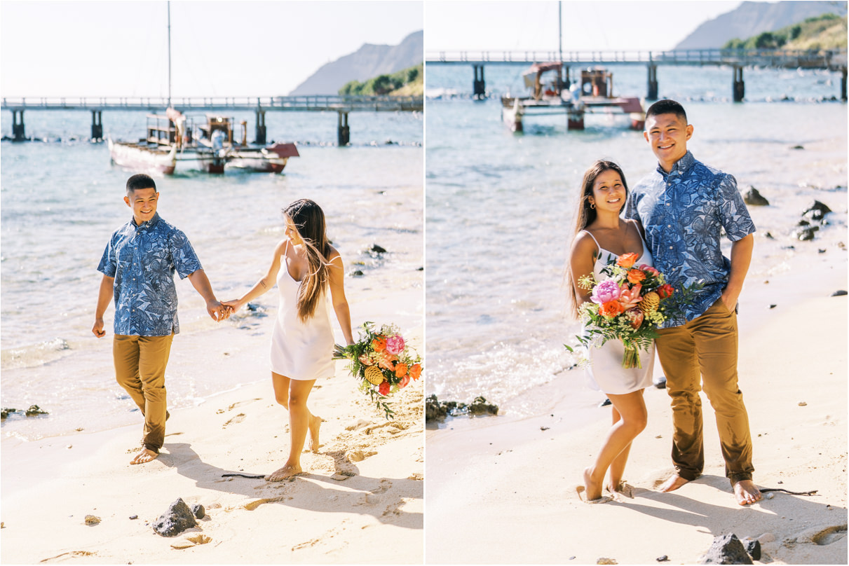 Couple walking on beach with bouquet