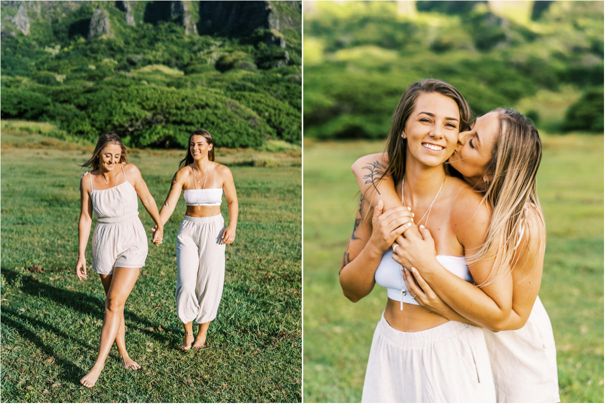 Beach Engagement Session lesbian couple in hawaii at Kualoa Ranch