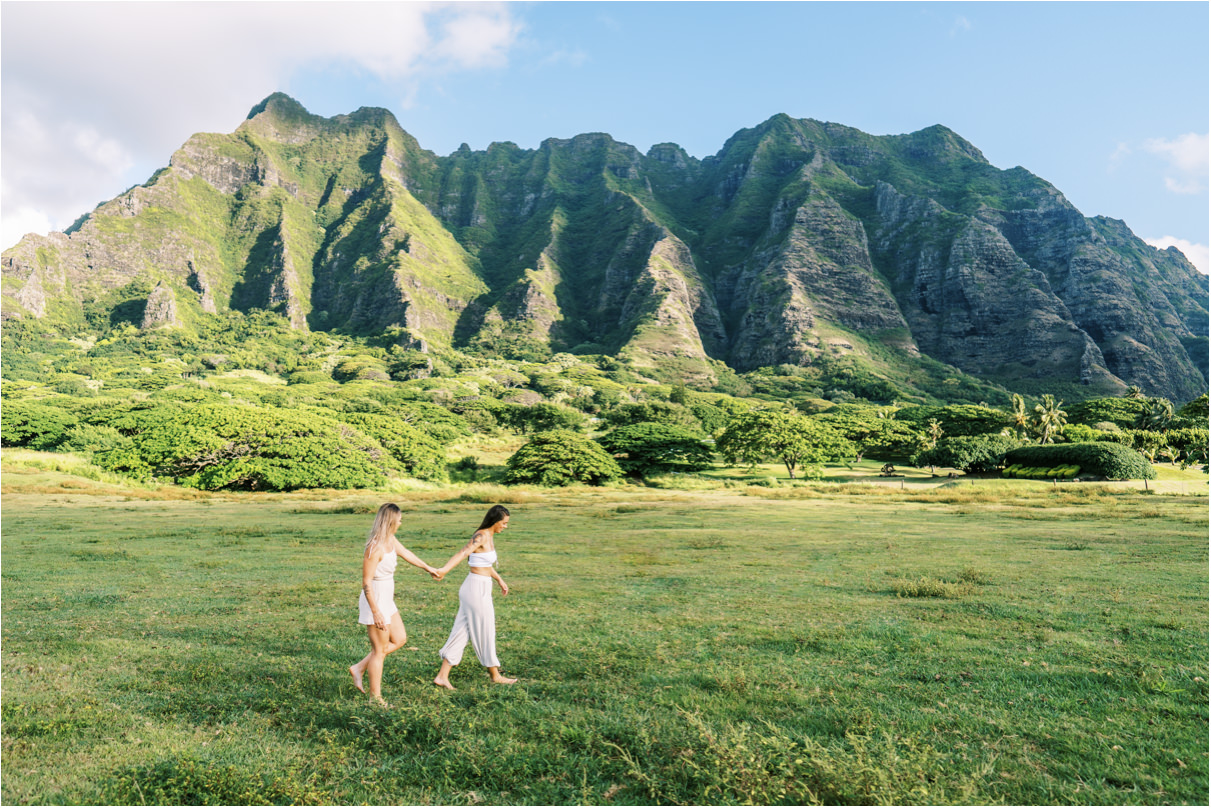 Beach Engagement Session lesbian couple in hawaii at Kualoa Ranch