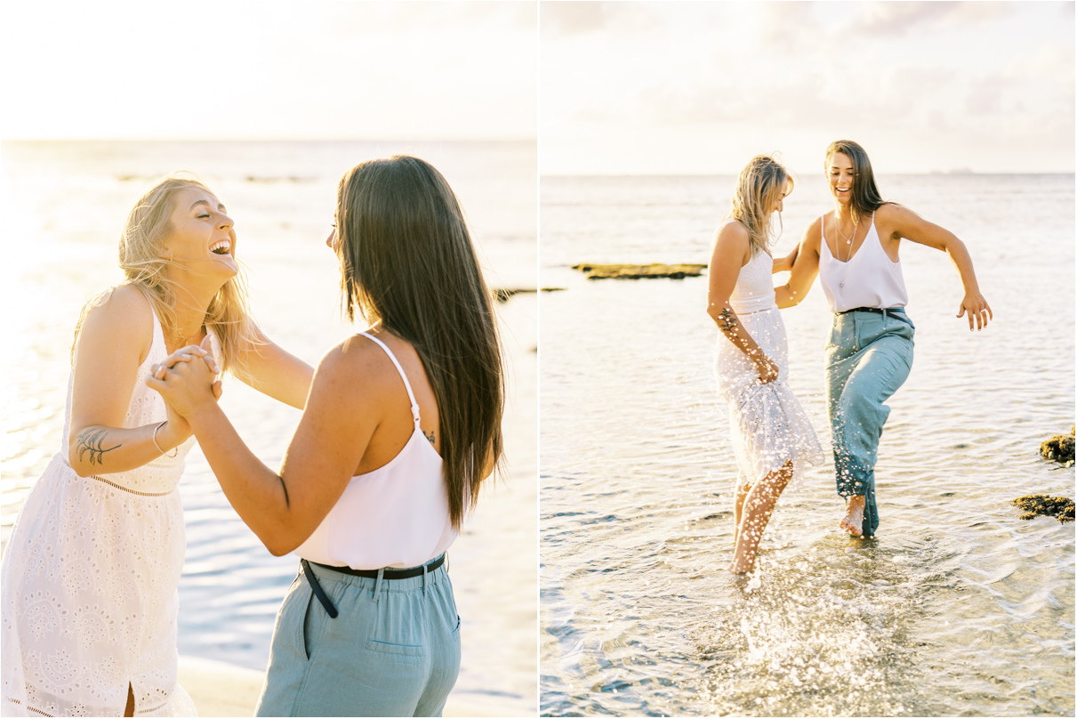 Beach Engagement Session lesbian couple in hawaii dancing